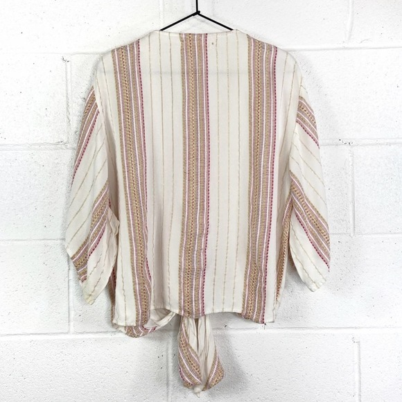 Lovestitch Stripe Tie Front Knot Top V-Neck Blouse - Picture 6 of 8